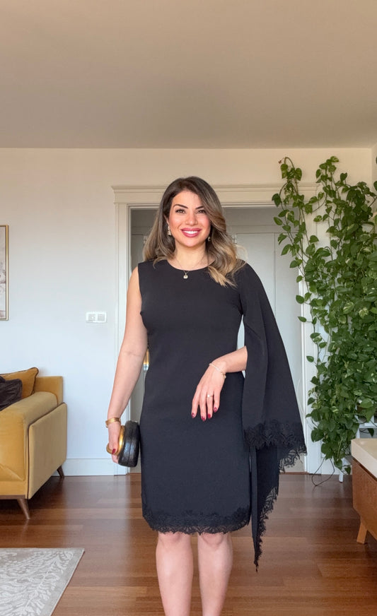 SINGLE SHOULDER CAPE DETAILED LACE TRIMMED MINI DRESS - BLACK