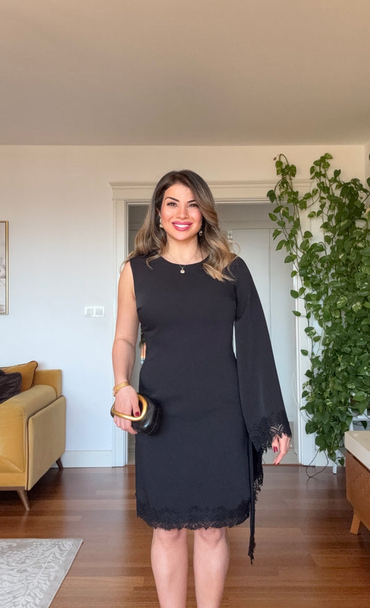 SINGLE SHOULDER CAPE DETAILED LACE TRIMMED MINI DRESS - BLACK