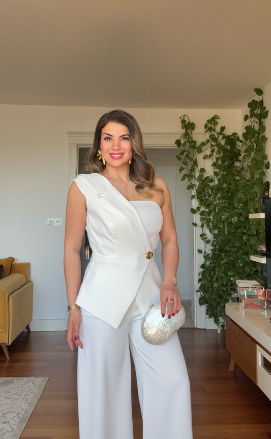 ASYMMETRIC ONE-SHOULDER BLAZER COLLAR WIDE-LEG JUMPSUIT - WHITE