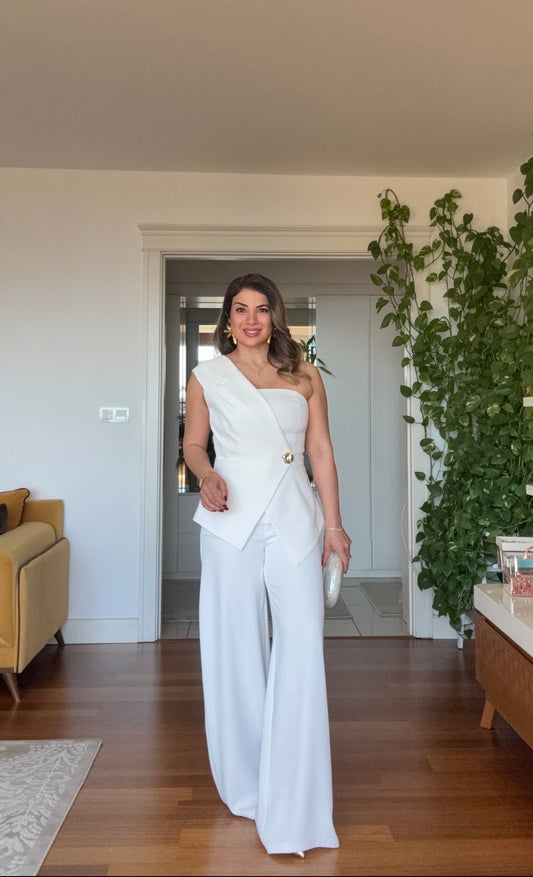ASYMMETRIC ONE-SHOULDER BLAZER COLLAR WIDE-LEG JUMPSUIT - WHITE