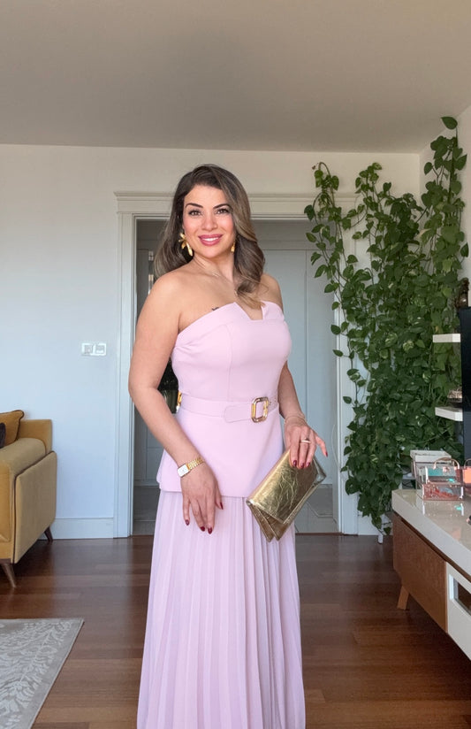 V-NECK BELTED PLEATED MAXI DRESS - PINK