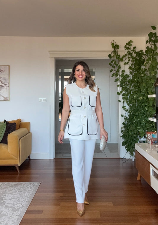 CONTRAST PIPING BELTED SLEEVELESS BLAZER AND TROUSERS SET - WHITE