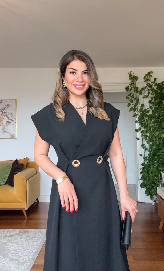 GOLD DETAIL DOUBLE-BREASTED SLEEVELESS BLACK DRESS - BLACK