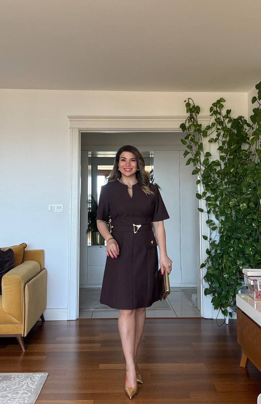 PRADA TRIANGLE LOGO CUT-OUT NECKLINE BELTED MIDI DRESS - DARK BROWN
