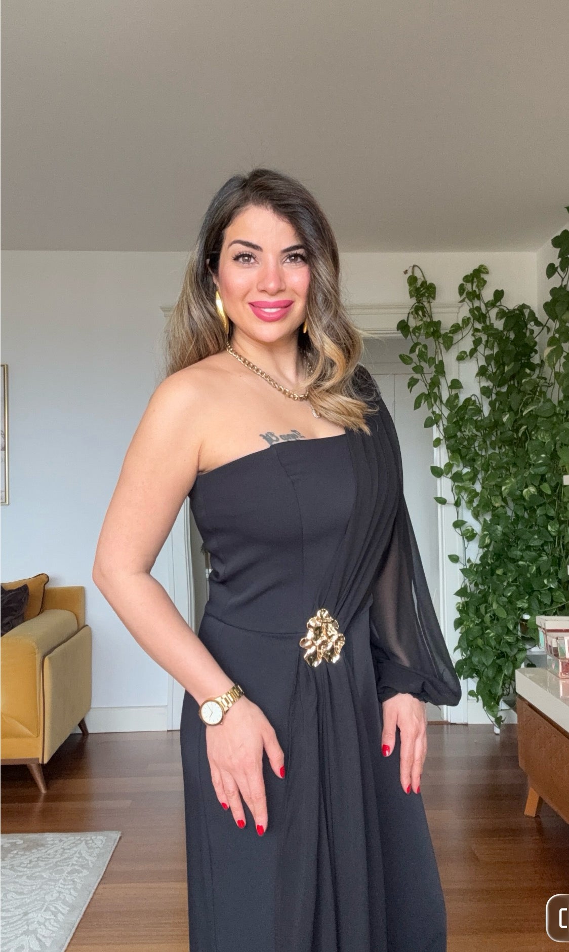 ONE SHOULDER CHIFFON SLEEVE EVENING JUMPSUIT WITH GOLD BUCKLE - BLACK