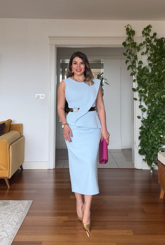 BELTED ASYMMETRİC CUT MIDI DRESS - BABY BLUE