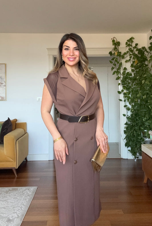 PADDED SHOULDER CHIFFON DETAIL BELTED DRESS - BROWN