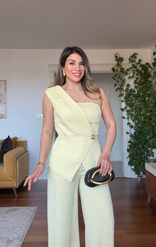 ASYMMETRIC ONE-SHOULDER BLAZER COLLAR WIDE-LEG SUIT - YELLOW