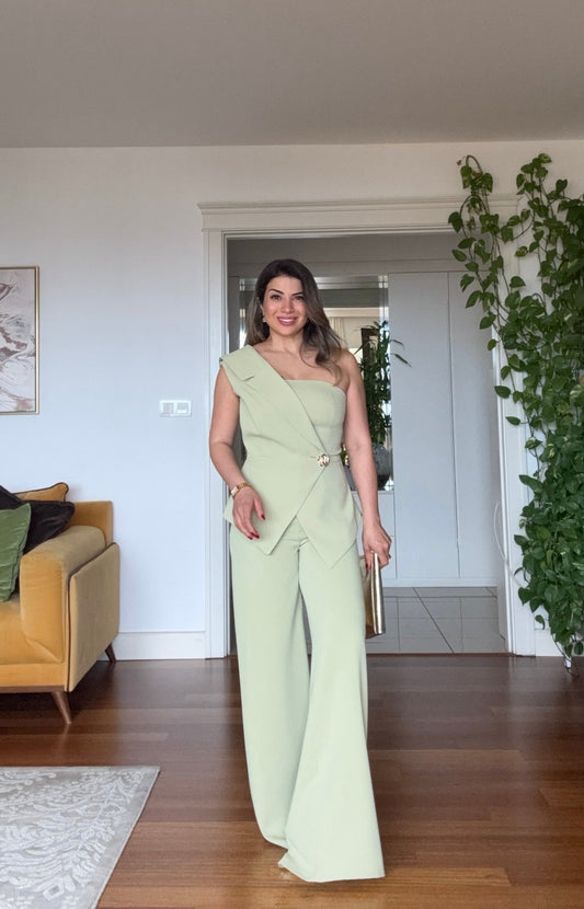 ASYMMETRIC ONE-SHOULDER BLAZER COLLAR WIDE-LEG SUIT - GREEN