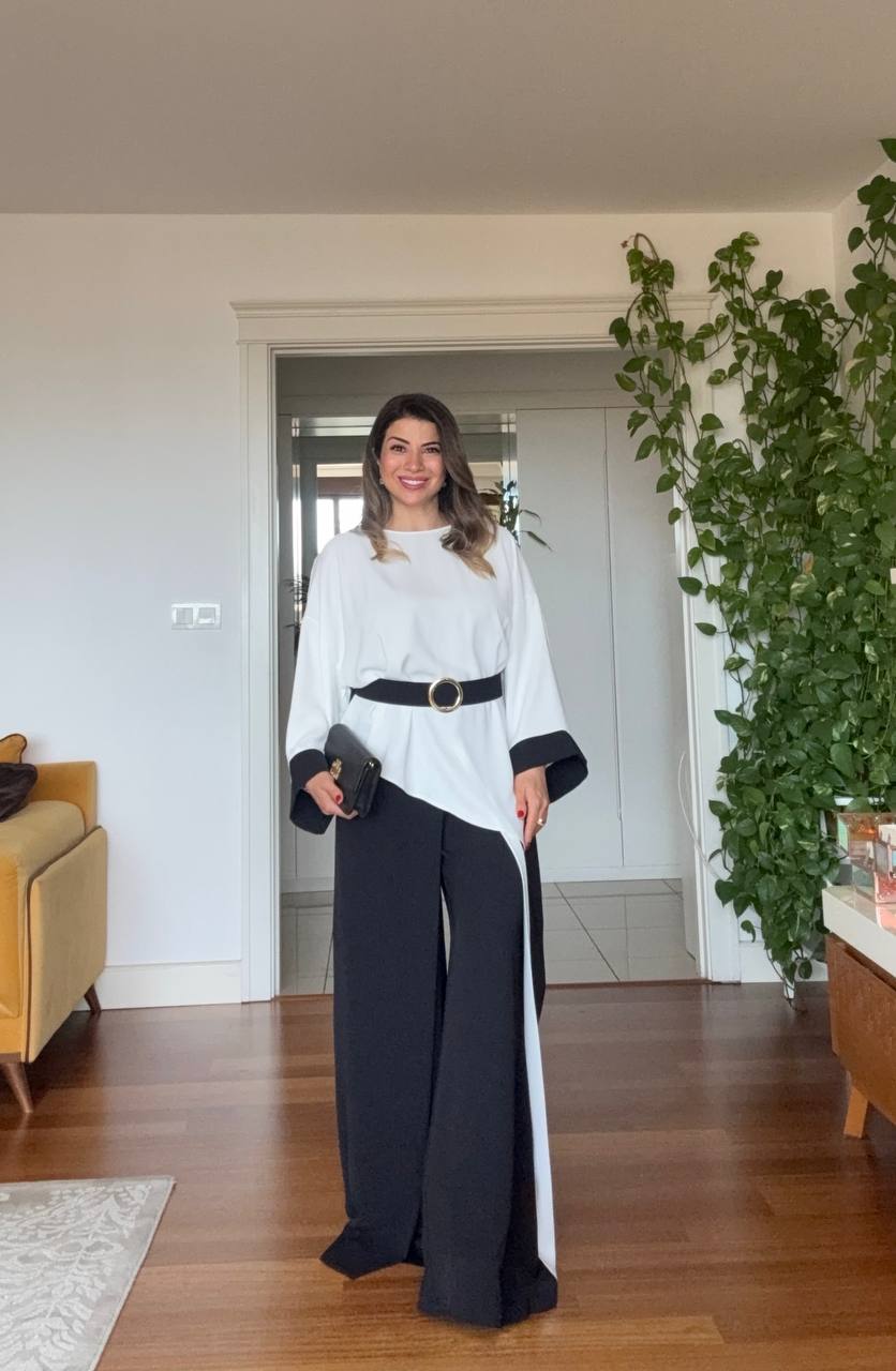 ASYMMETRICAL CUT BELTED TWO-PIECE SET - BLACK/ECRU