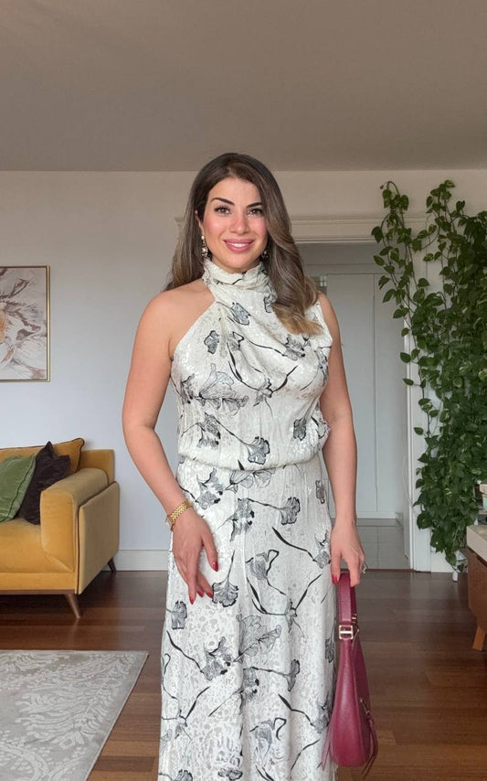 FLORAL PRINT SATIN-TEXTURED MIDI DRESS – ECRU