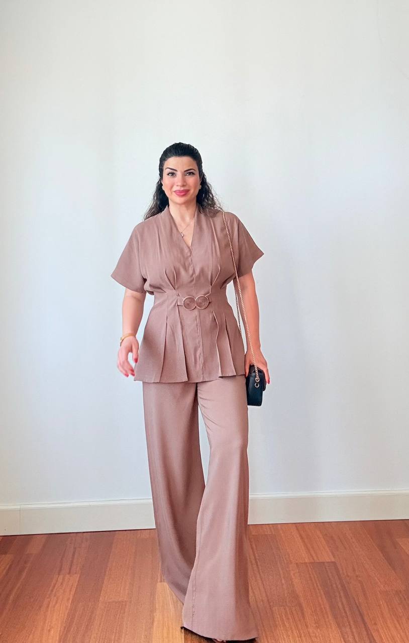 CROSSOVER NECK BELT DETAIL WIDE-LEG CO-ORD SET - BROWN