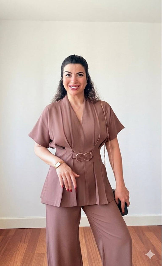 CROSSOVER NECK BELT DETAIL WIDE-LEG CO-ORD SET - BROWN