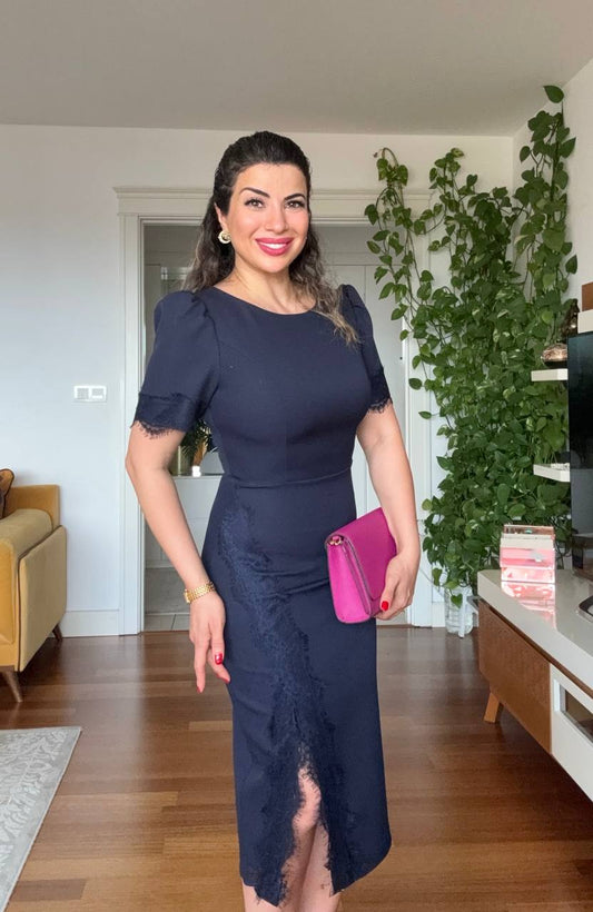 SHORT SLEEVE LACE DETAIL MIDI DRESS – NAVY BLUE