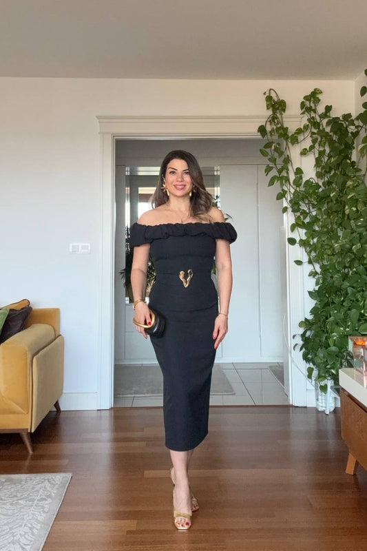 OFF-SHOULDER RUFFLE DETAIL MIDI DRESS WITH DECORATIVE BELT ACCENT - BLACK