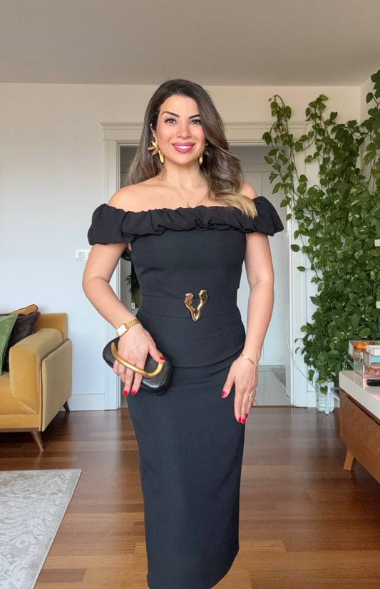 OFF-SHOULDER RUFFLE DETAIL MIDI DRESS WITH DECORATIVE BELT ACCENT - BLACK
