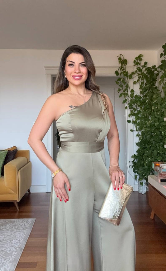 ONE-SHOULDER CHAIN DETAIL SATIN JUMPSUIT - MINT