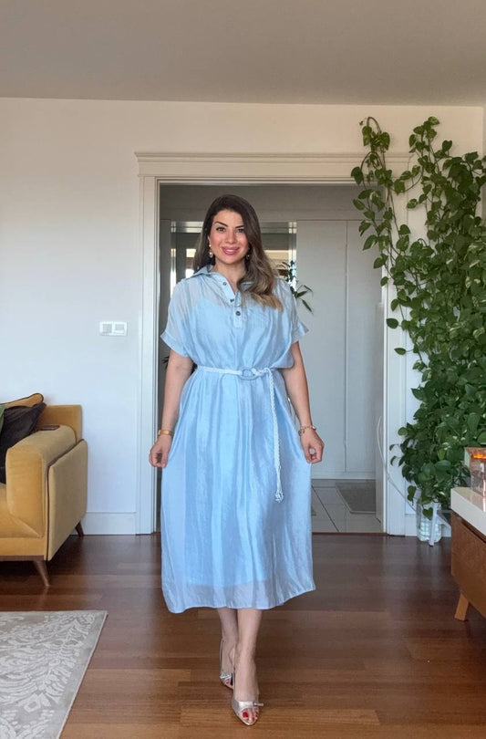 LINEN-LOOK SHIRT COLLAR LINED MIDI DRESS WITH BRAIDED BELT DETAIL - BABY BLUE