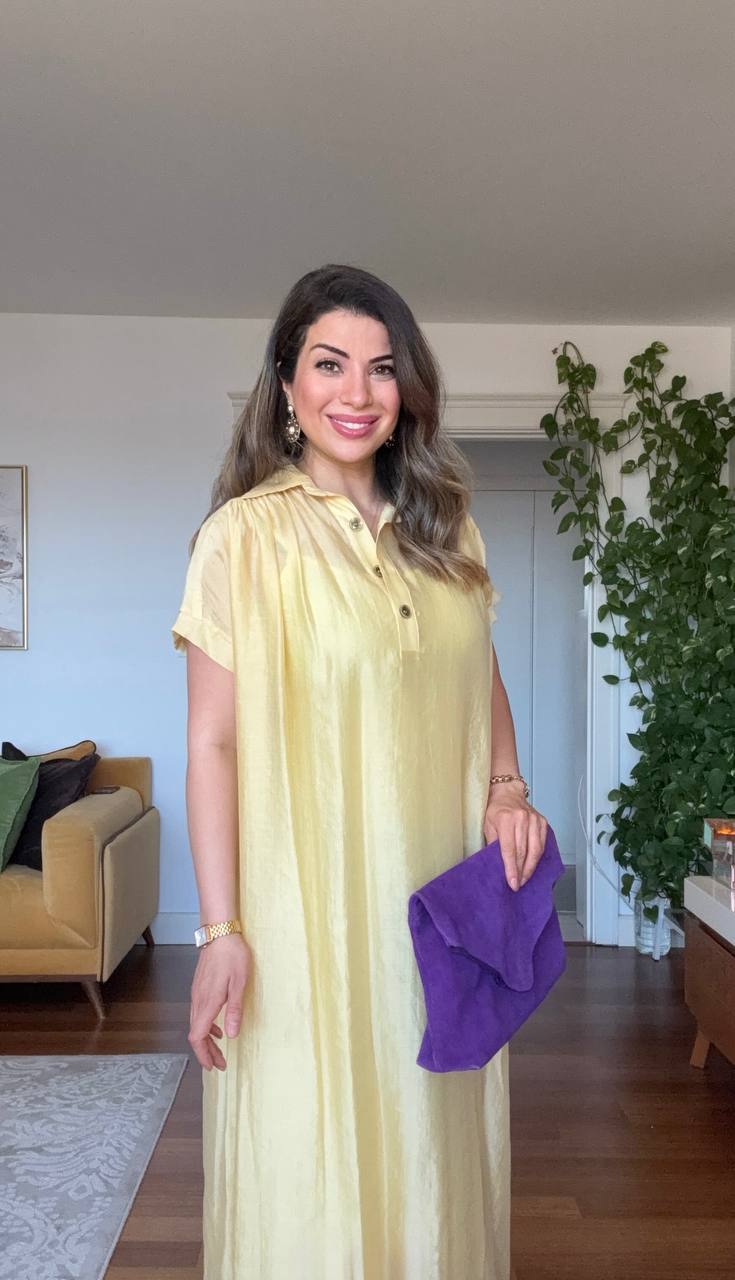 LINEN-LOOK SHIRT COLLAR LINED MIDI DRESS WITH BRAIDED BELT DETAIL - YELLOW