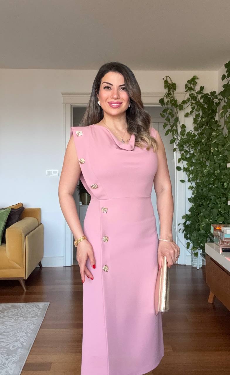 GOLD BUTTON DETAIL DRAPED MIDI DRESS - POWDER PINK