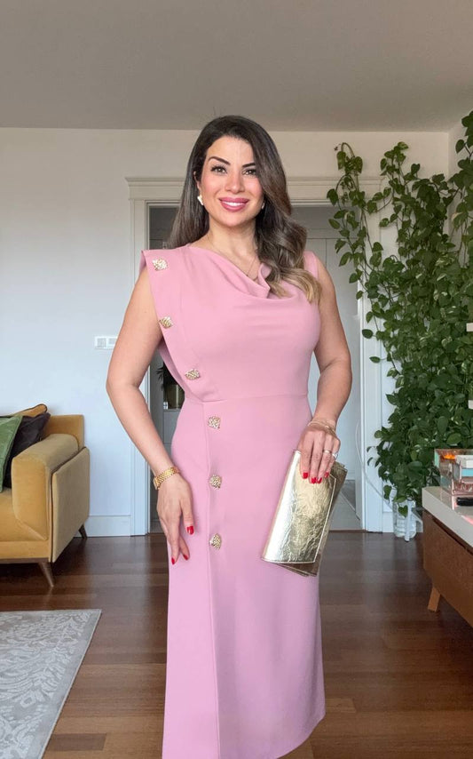 GOLD BUTTON DETAIL DRAPED MIDI DRESS - POWDER PINK