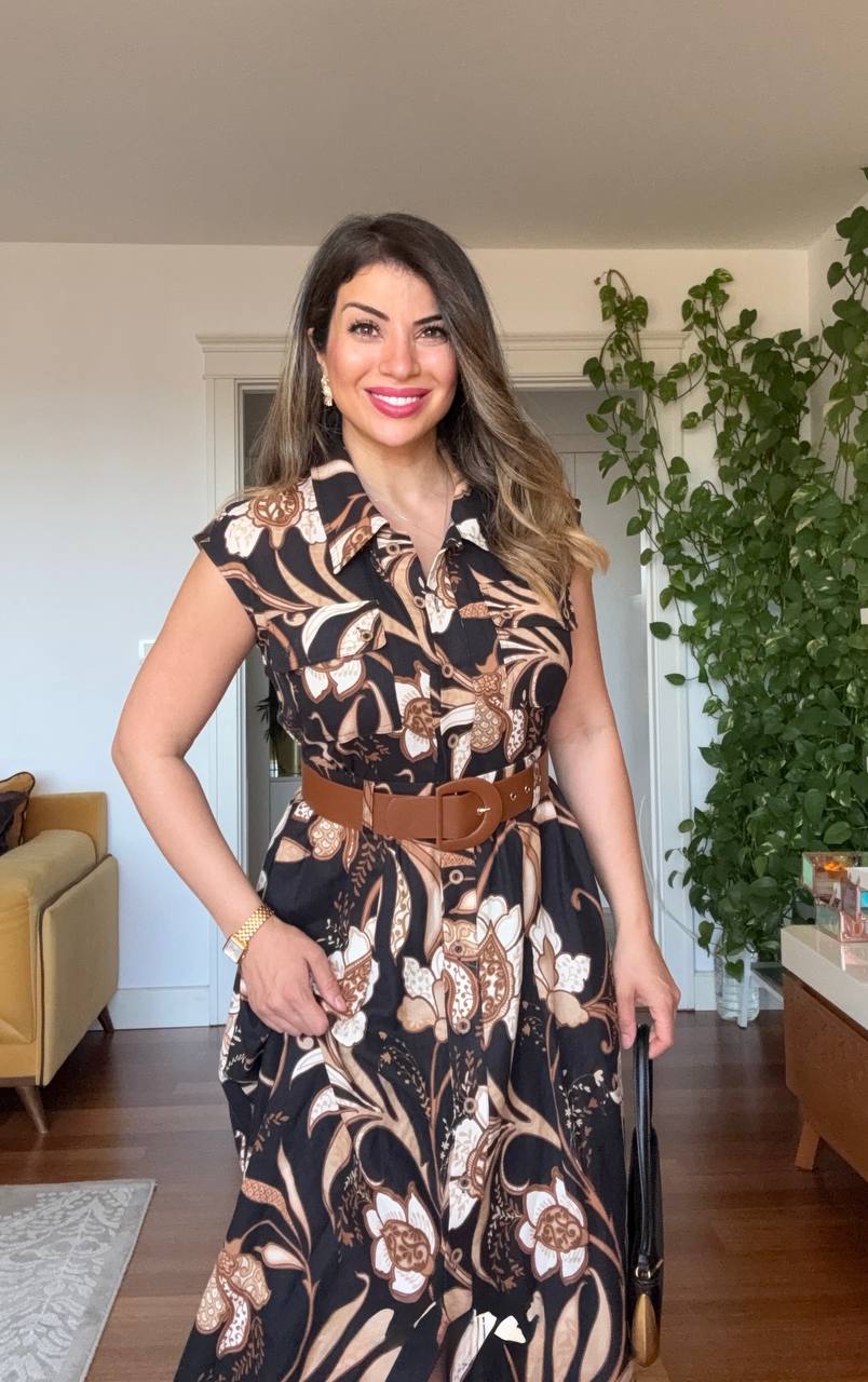 FLORAL PATTERNED BELTED MAXI DRESS - BLACK
