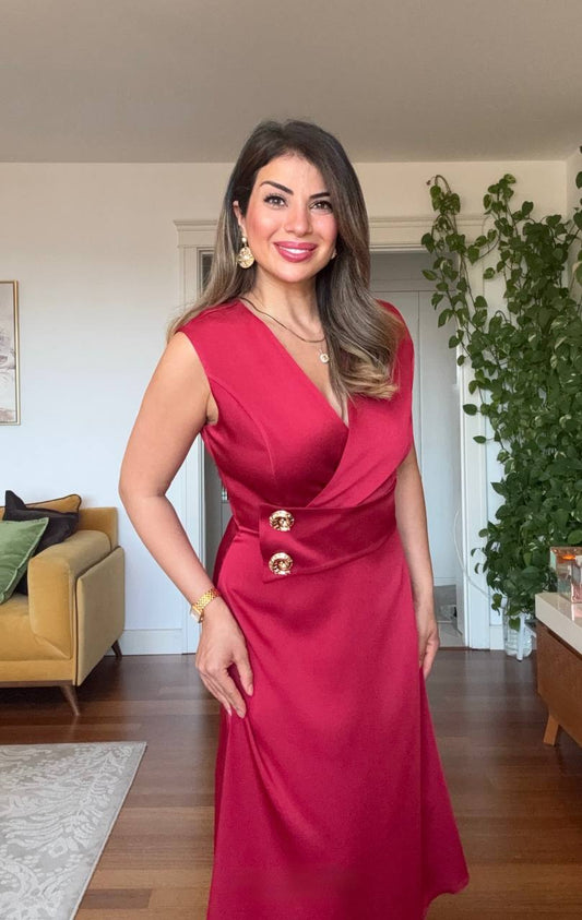 GOLD BUTTON DETAIL WRAP DRESS – BURGUNDY