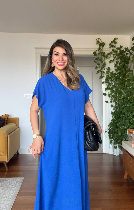 V-NECK OVERSIZED MAXI DRESS - SAX BLUE