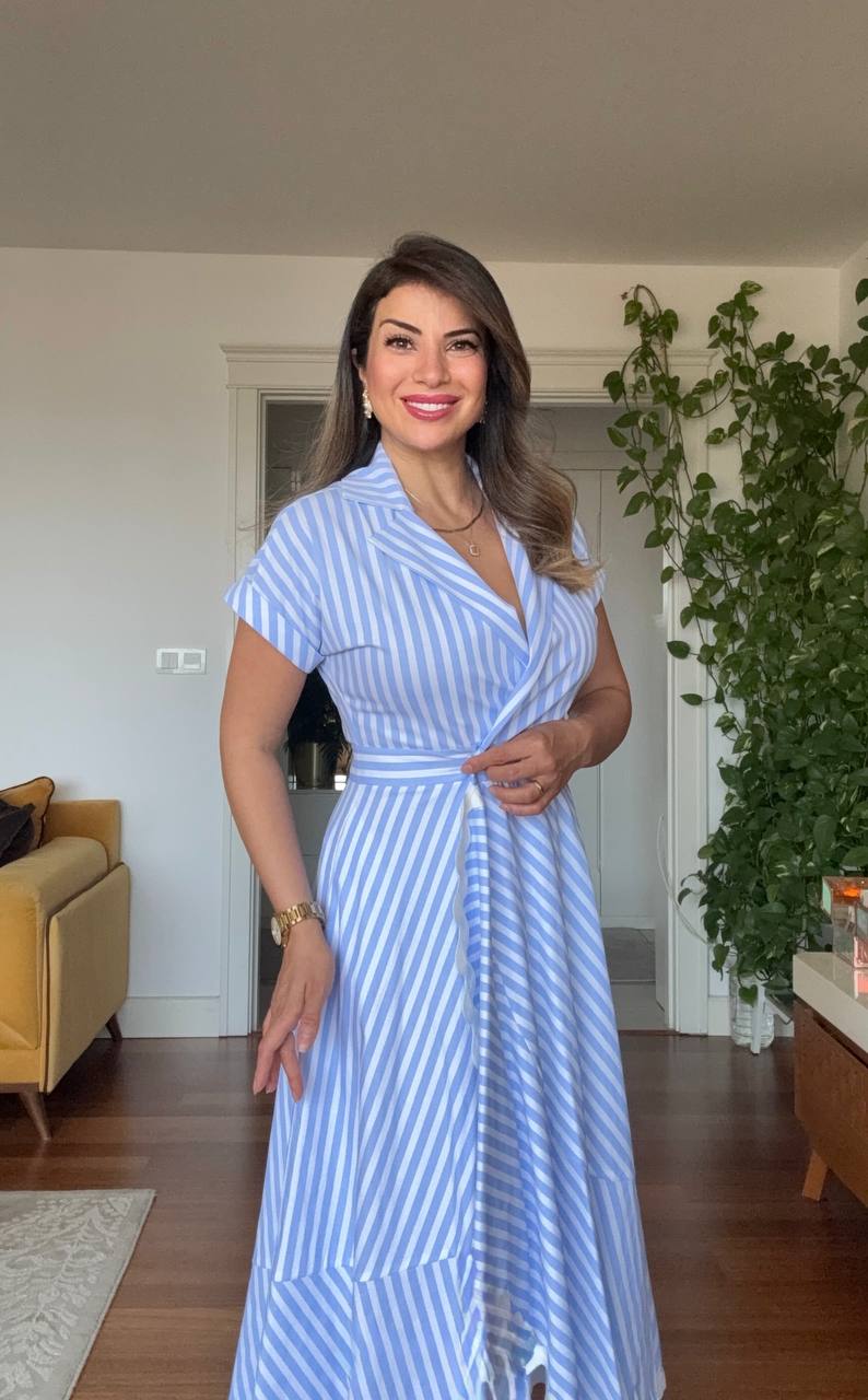 BLUE WHITE STRIPED LACE HEM MIDI SHIRT DRESS – BLUE