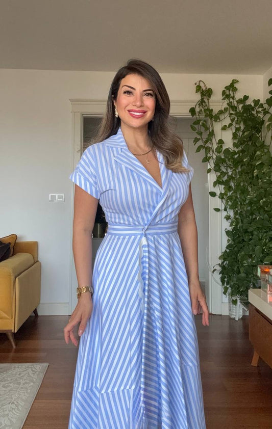 BLUE WHITE STRIPED LACE HEM MIDI SHIRT DRESS – BLUE