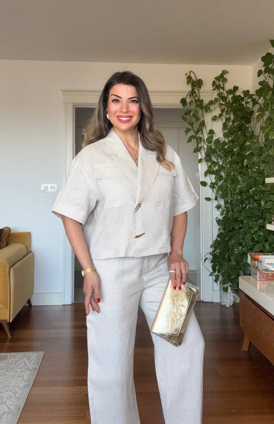 SHORT SLEEVE JACKET AND PALAZZO PANTS CO-ORD SET - SAND BEIGE