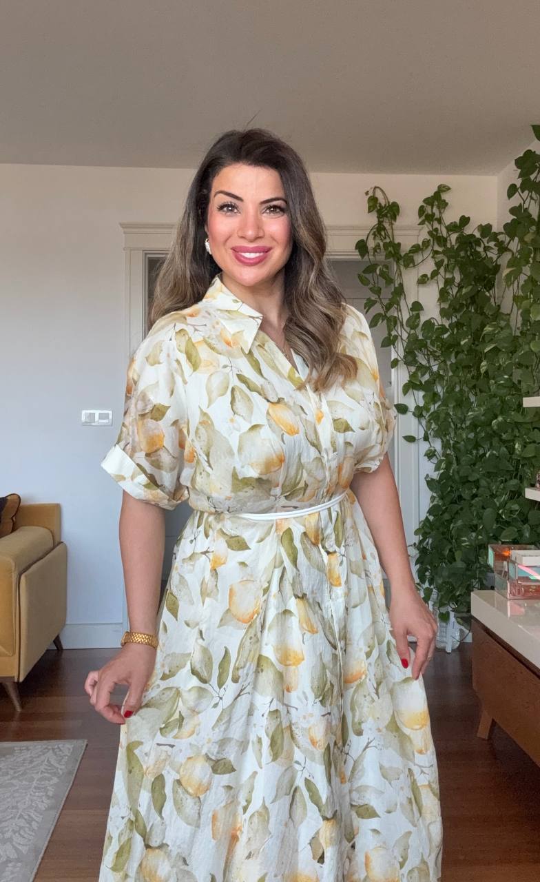 LEMON PRINT SHIRT COLLAR MAXI DRESS - YELLOW
