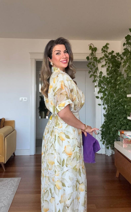 LEMON PRINT SHIRT COLLAR MAXI DRESS - YELLOW