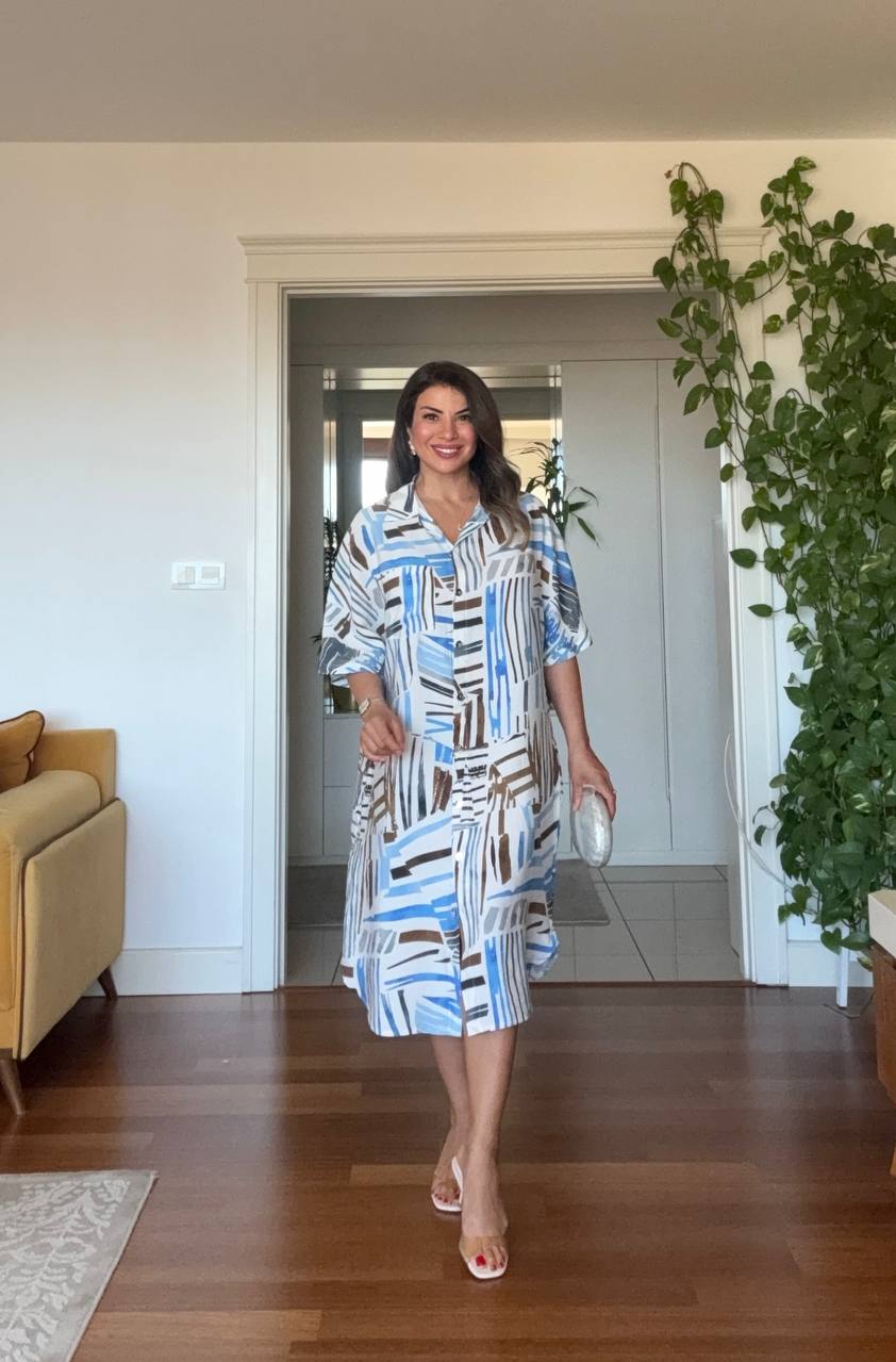 GEOMETRIC PRINT SHIRT DRESS - BLUE
