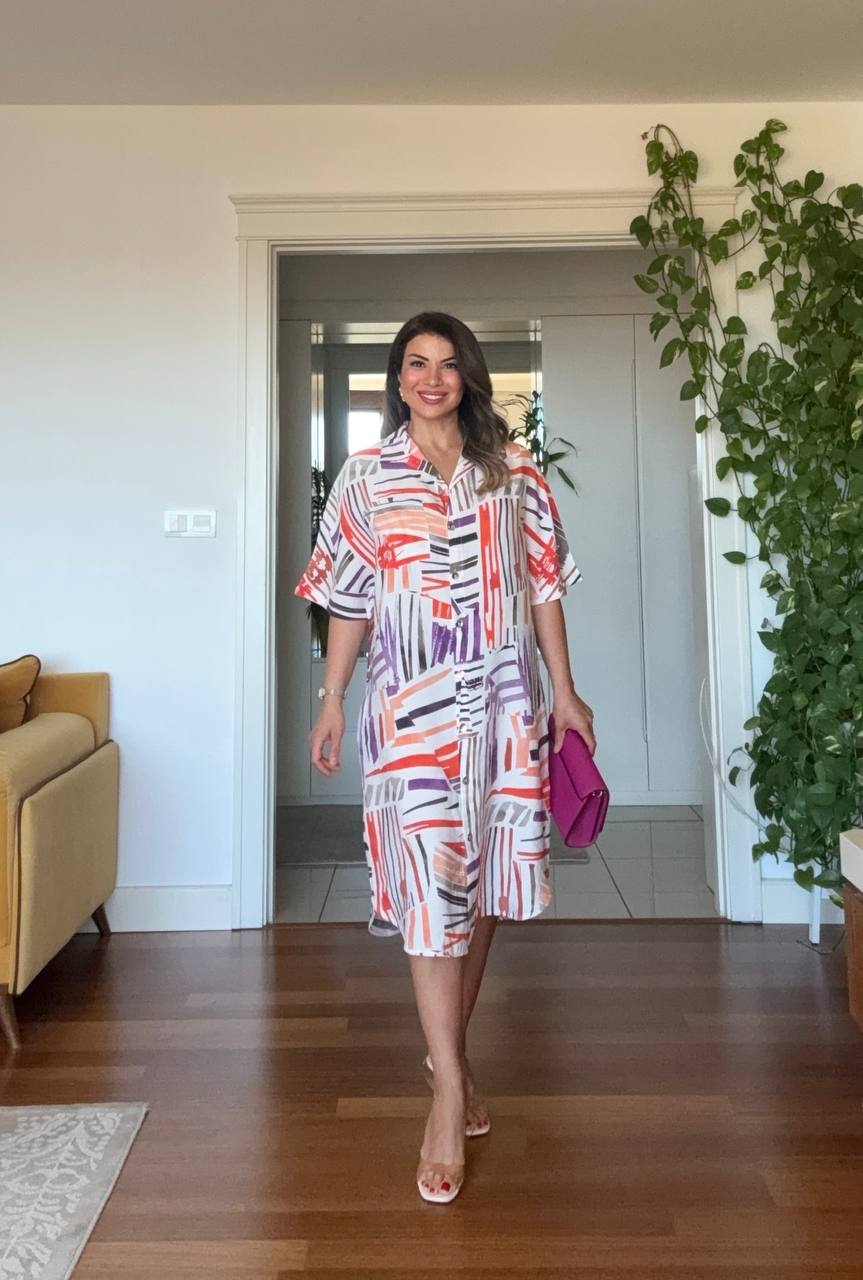 GEOMETRIC PRINT SHIRT DRESS - ORANGE
