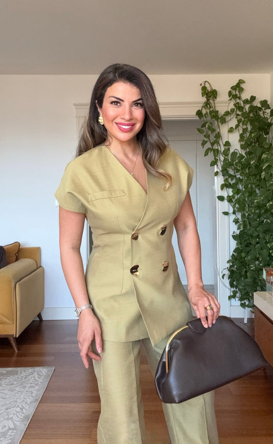 GOLD BUTTON DETAILED WRAP VEST & TROUSERS SET – PISTACHIO GREEN