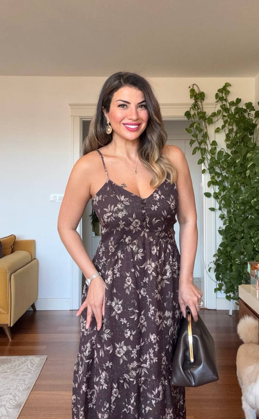STRAPPY FLORAL MAXI DRESS - BROWN