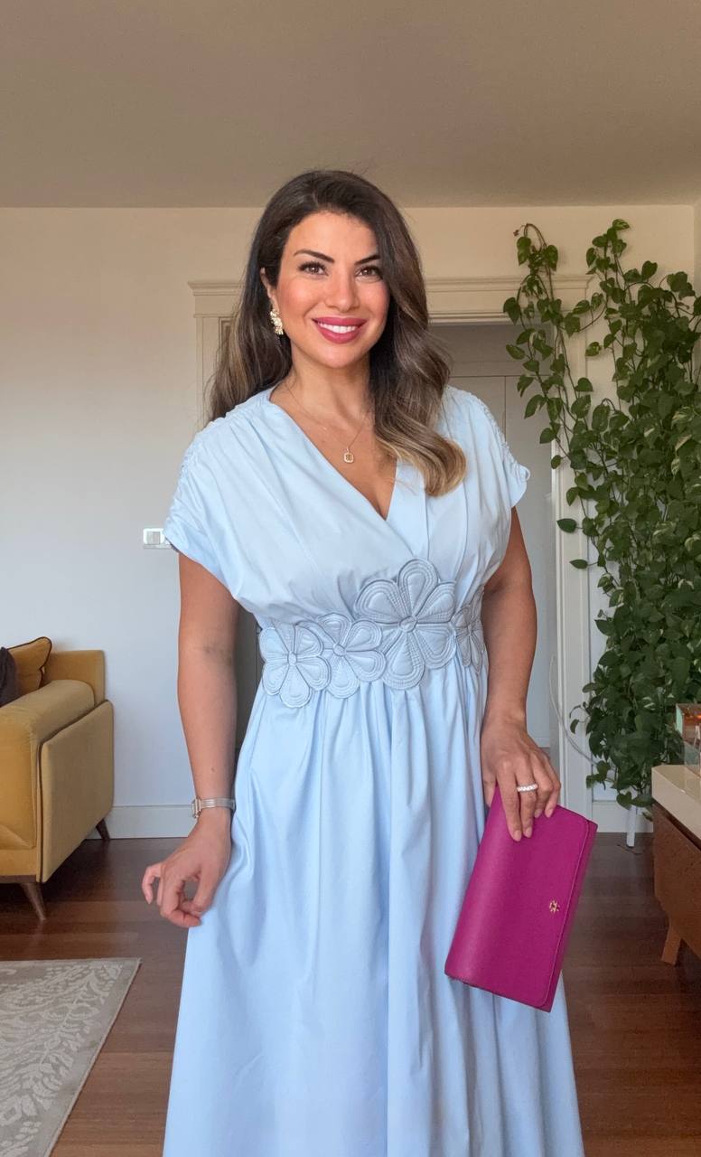 FLORAL EMBROIDERED V-NECK MIDI DRESS - BABY BLUE