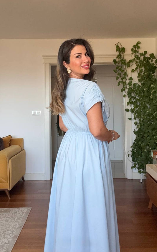 FLORAL EMBROIDERED V-NECK MIDI DRESS - BABY BLUE