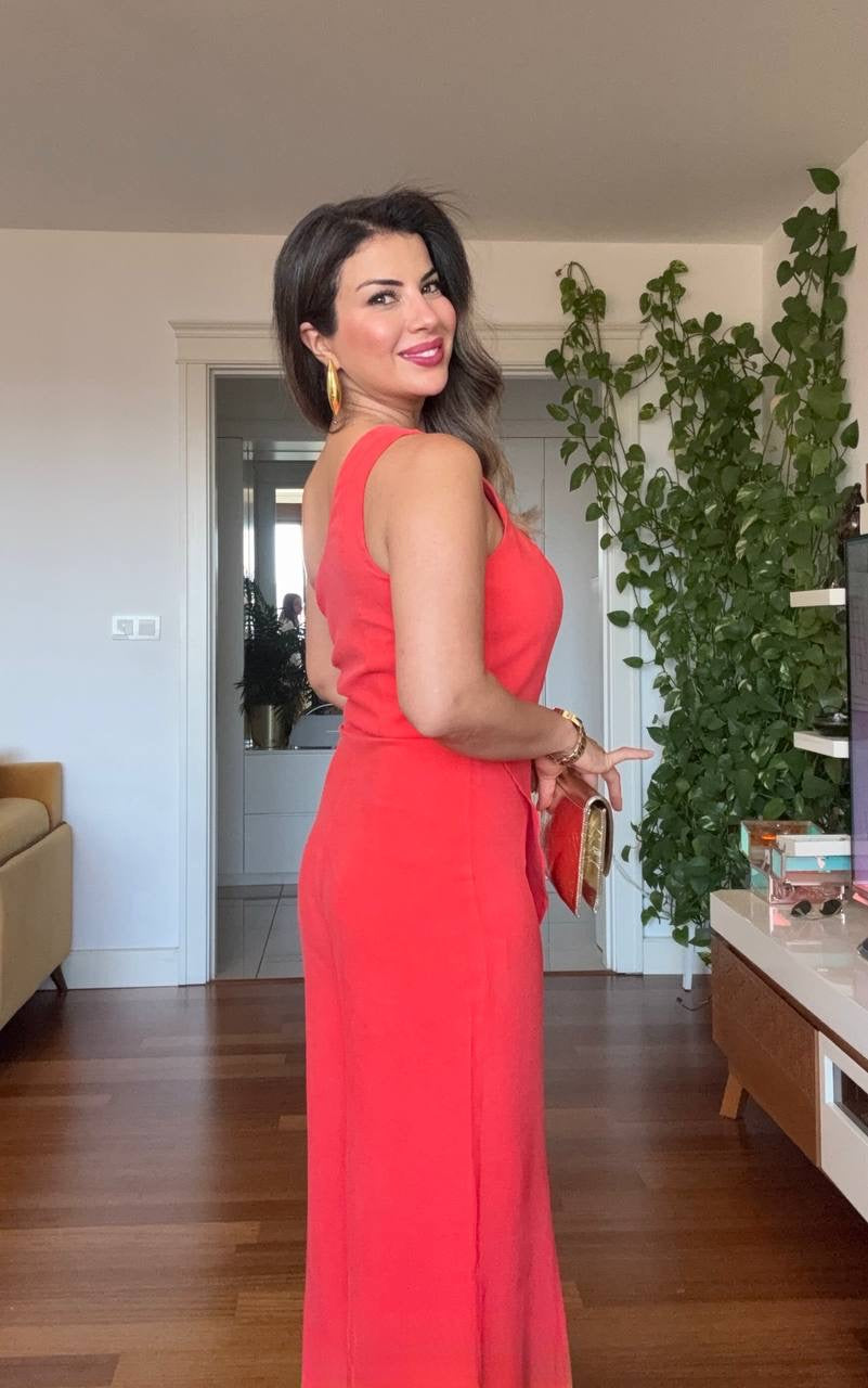 ASYMMETRIC CUTOUT WIDE LEG JUMPSUIT – CORAL RED