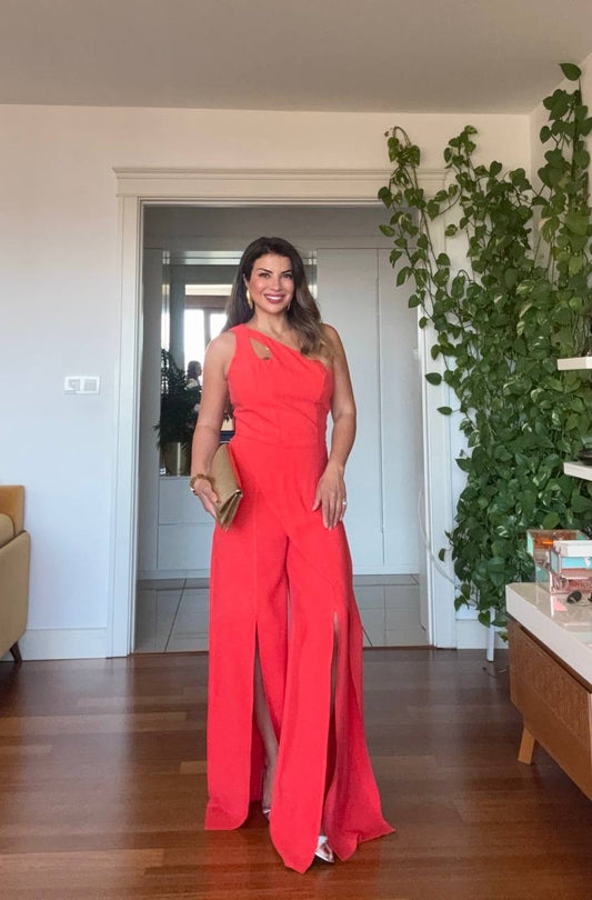 ASYMMETRIC CUTOUT WIDE LEG JUMPSUIT – CORAL RED