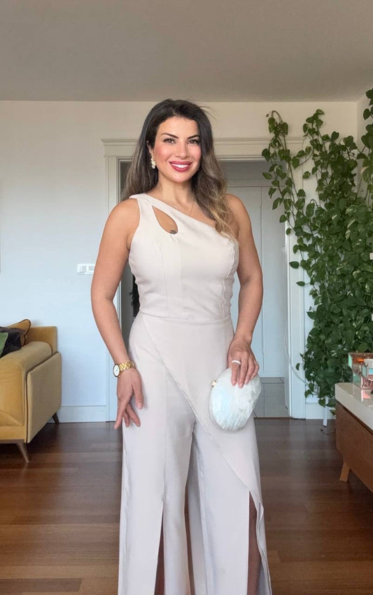 ASYMMETRIC CUTOUT WIDE LEG JUMPSUIT – BEIGE