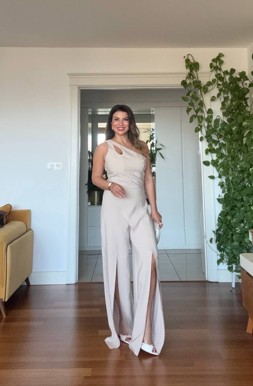 ASYMMETRIC CUTOUT WIDE LEG JUMPSUIT – BEIGE