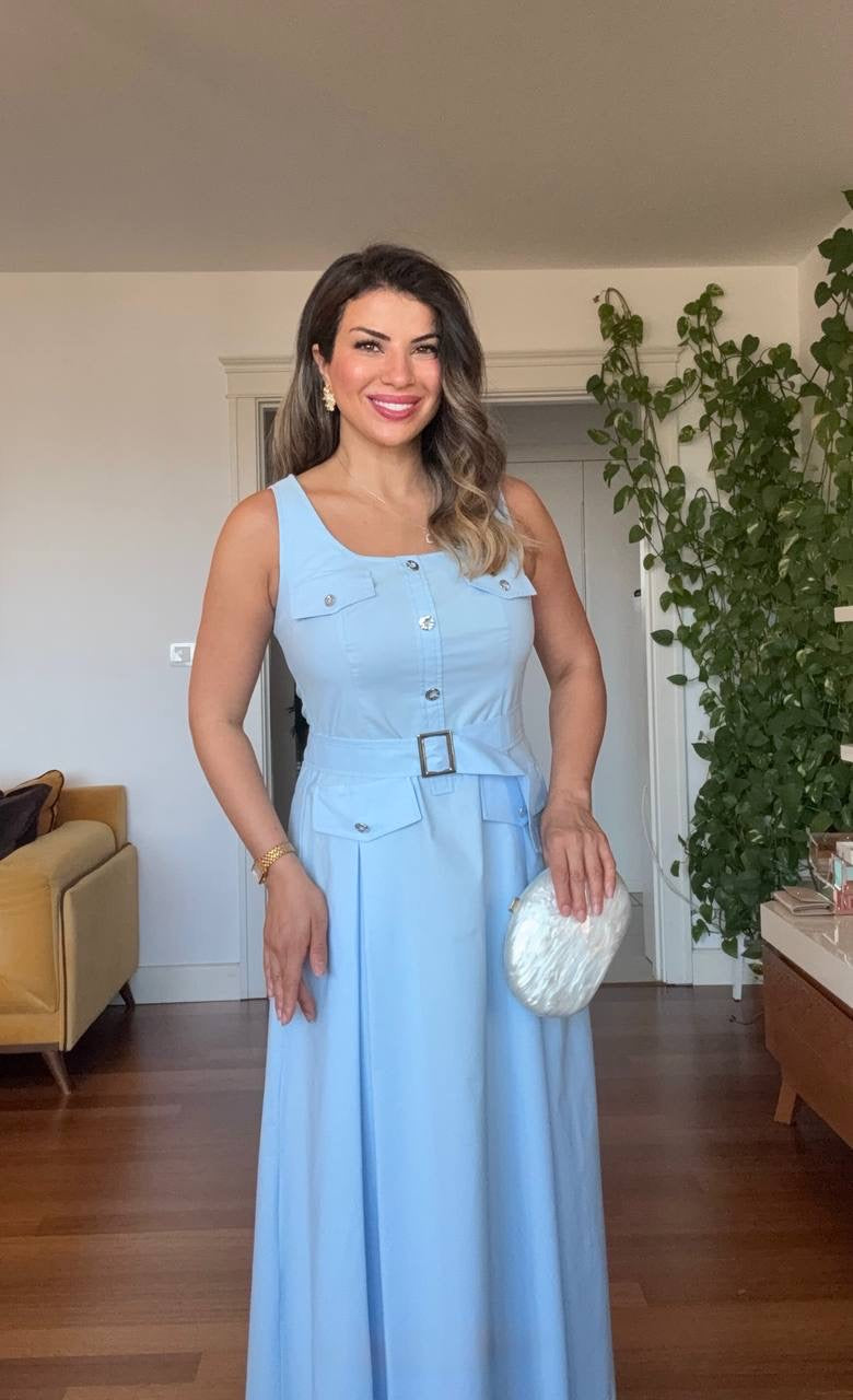SQUARE NECK BELTED BUTTON DETAIL MIDI DRESS - BABY BLUE