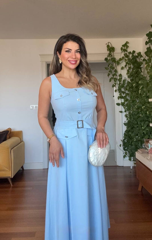 SQUARE NECK BELTED BUTTON DETAIL MIDI DRESS - BABY BLUE