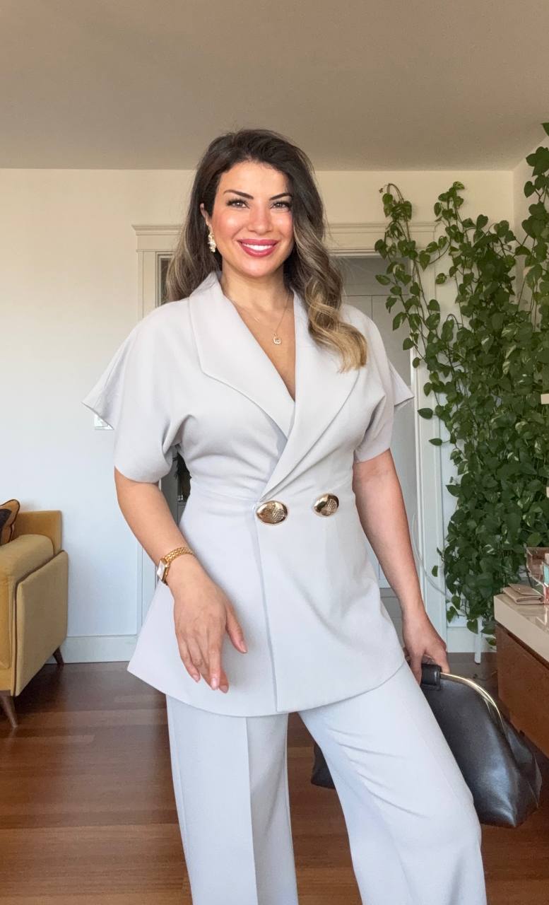 GOLD BUTTON DETAILED SHORT SLEEVE WRAP BLAZER & TROUSERS SET – STONE