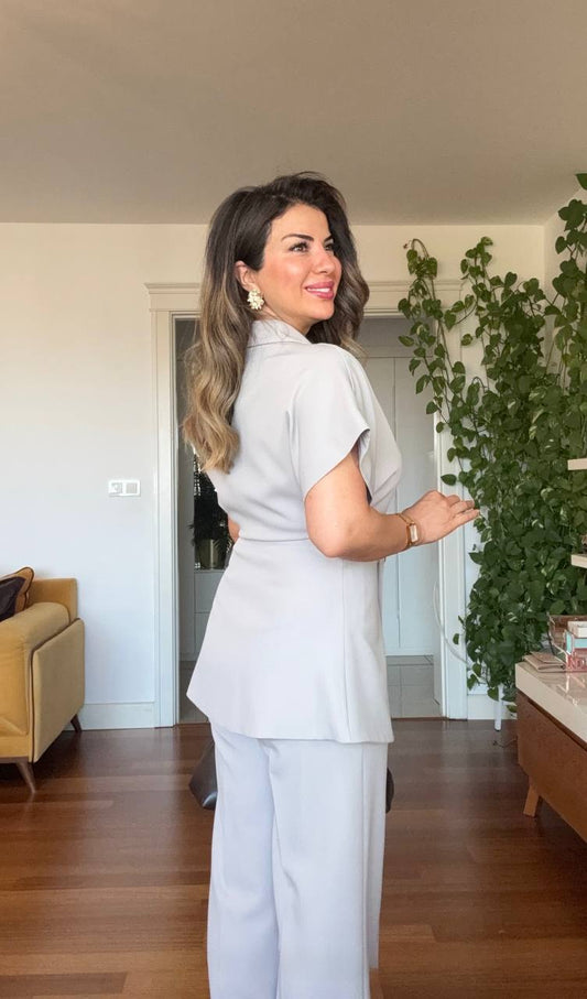 GOLD BUTTON DETAILED SHORT SLEEVE WRAP BLAZER & TROUSERS SET – STONE
