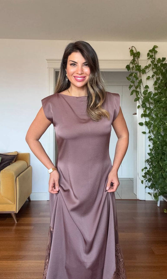 SATIN LACE DETAIL MIDI DRESS - MOCHA BROWN