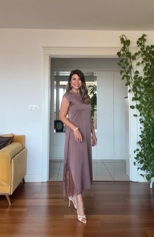SATIN LACE DETAIL MIDI DRESS - MOCHA BROWN