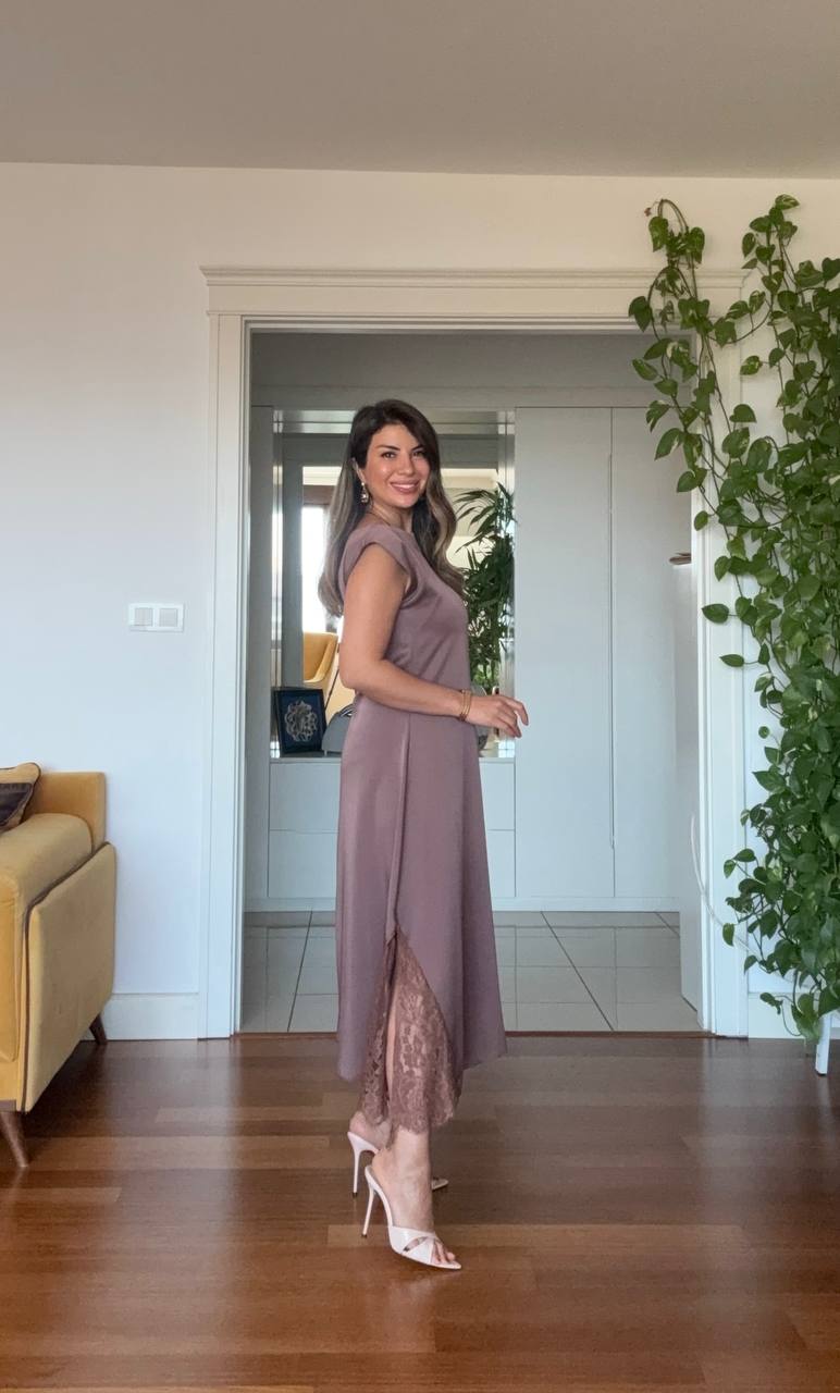 SATIN LACE DETAIL MIDI DRESS - MOCHA BROWN
